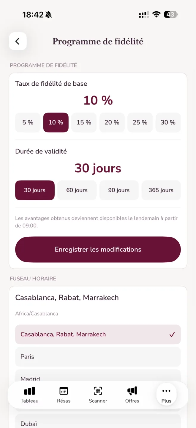 Réglages du programme de fidélité