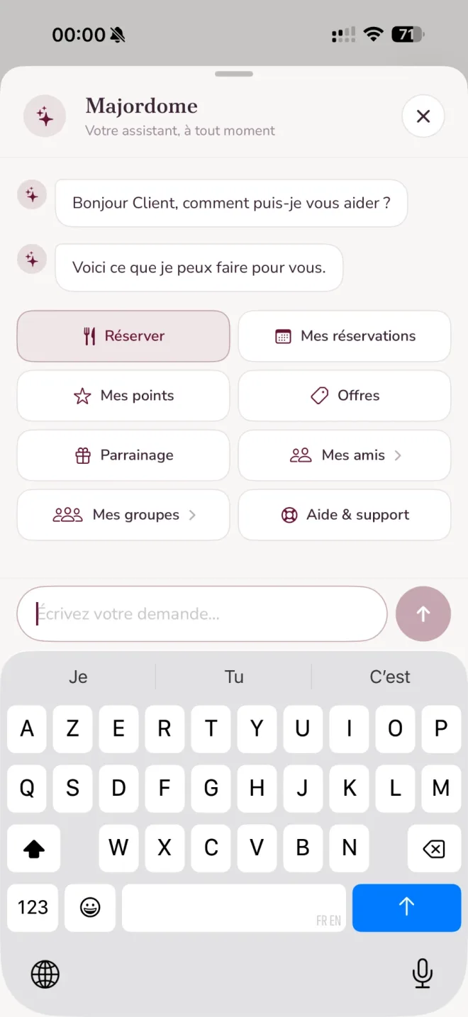Le Majordome OneClick propose Réserver, Mes points, Offres et Parrainage